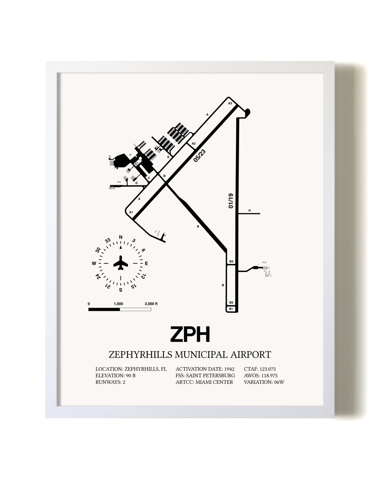 Zephyrhills Municipal Airport airport map poster in oak frame