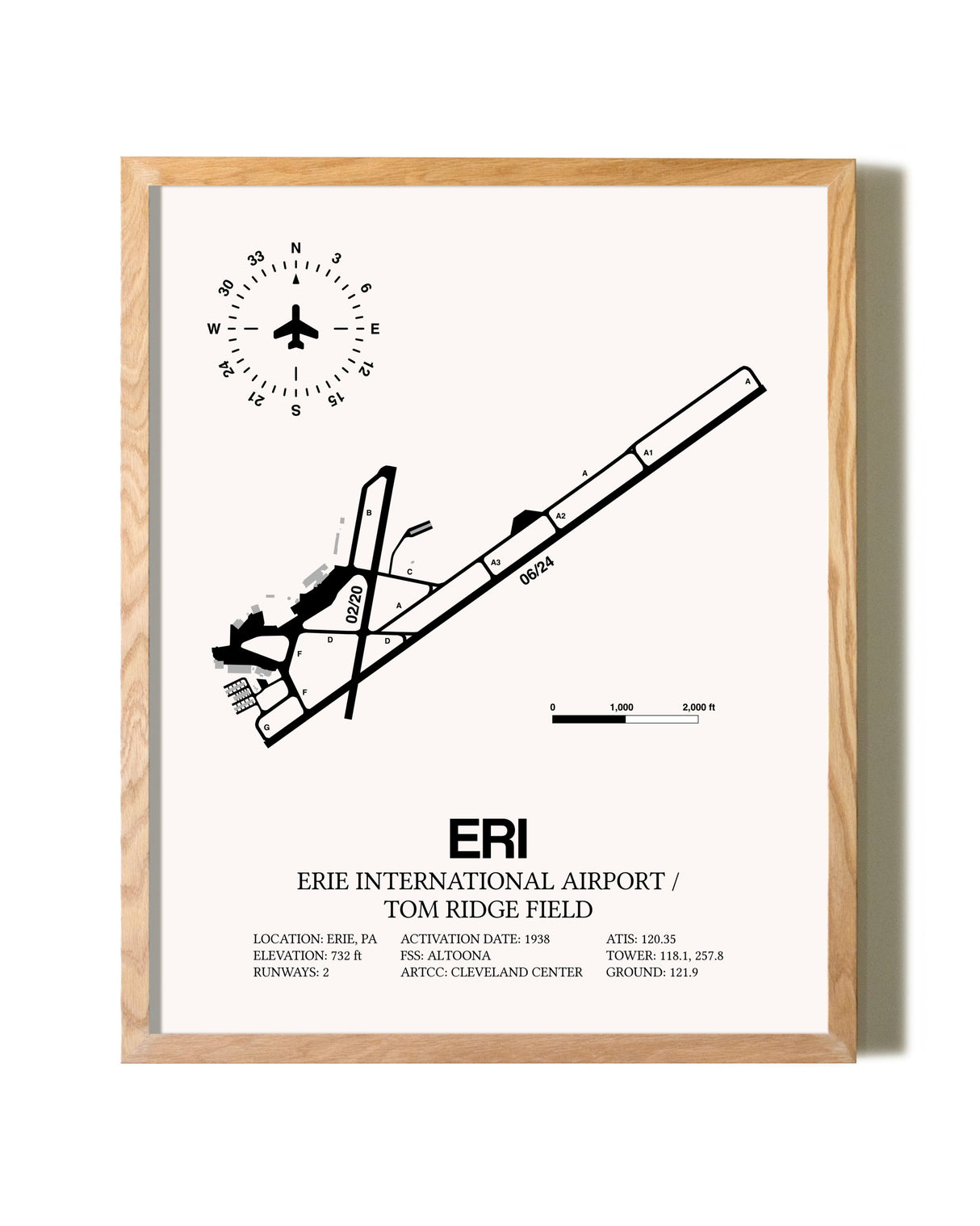 Erie International Airport / Tom Ridge Field framed print in natural wood frame