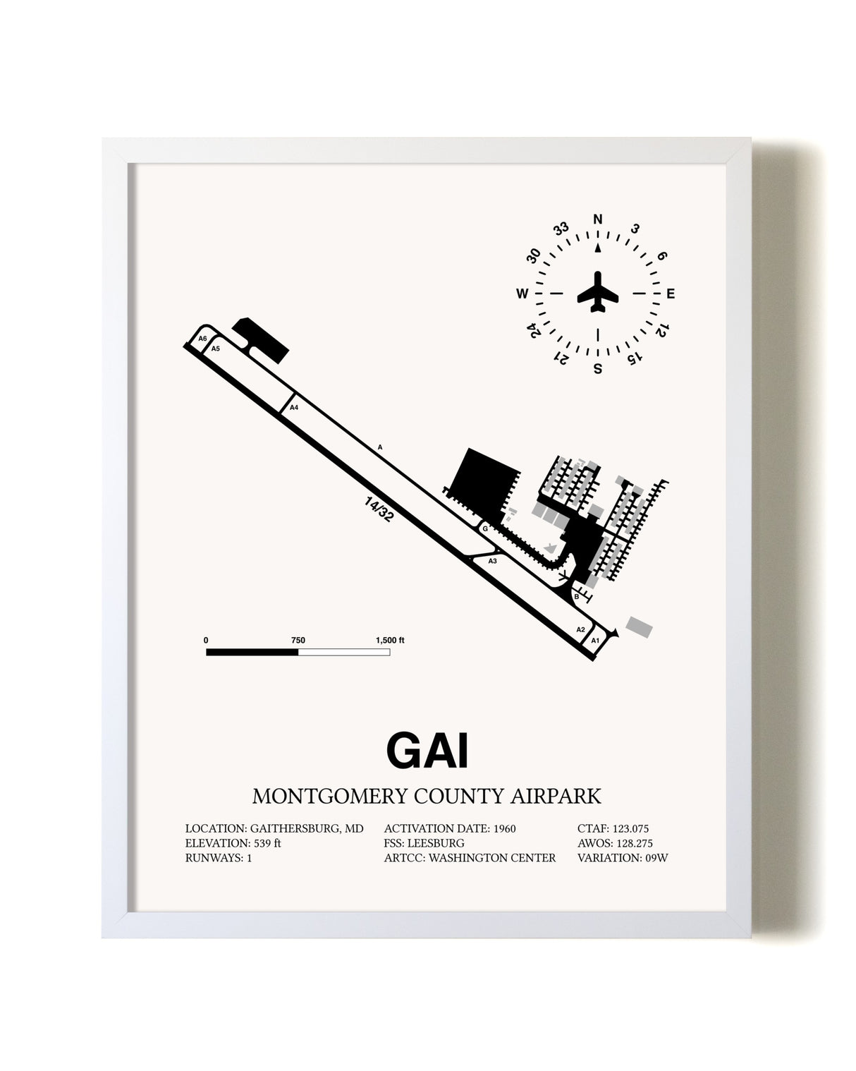 Montgomery County Airpark airport map poster in oak frame