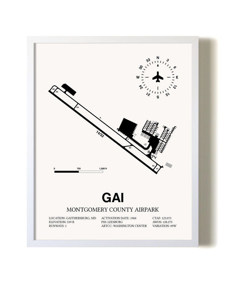 Montgomery County Airpark airport map poster in oak frame