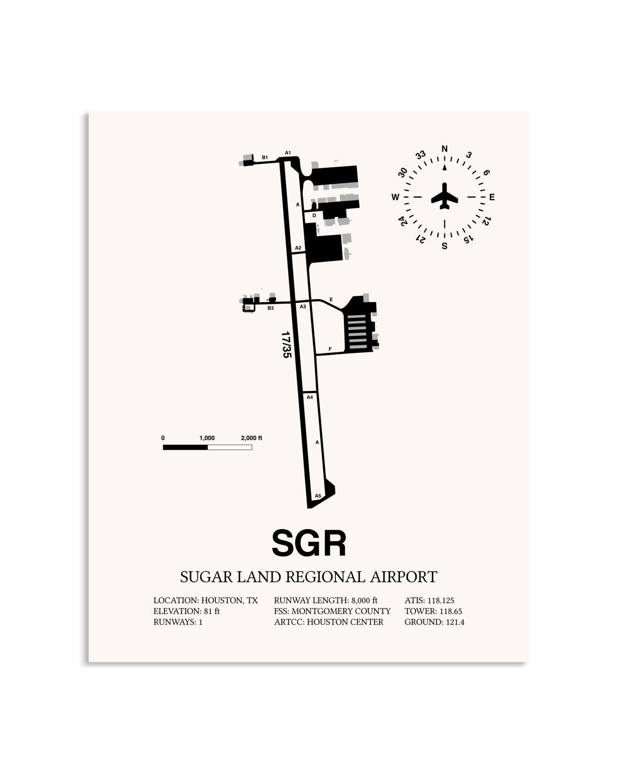 Gray Sugar Land Regional Airport framed poster displayed in an airplane hangar