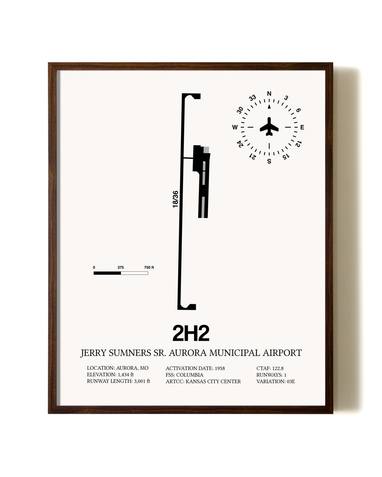 Jerry Sumners Sr. Aurora Municipal Airport aviation print in walnut frame