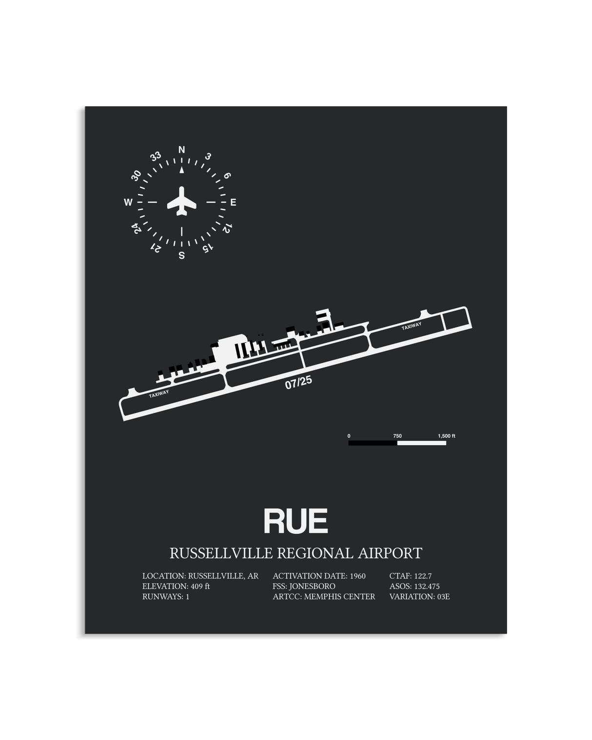 Gray Framed Russellville Regional Airport layout wall art poster