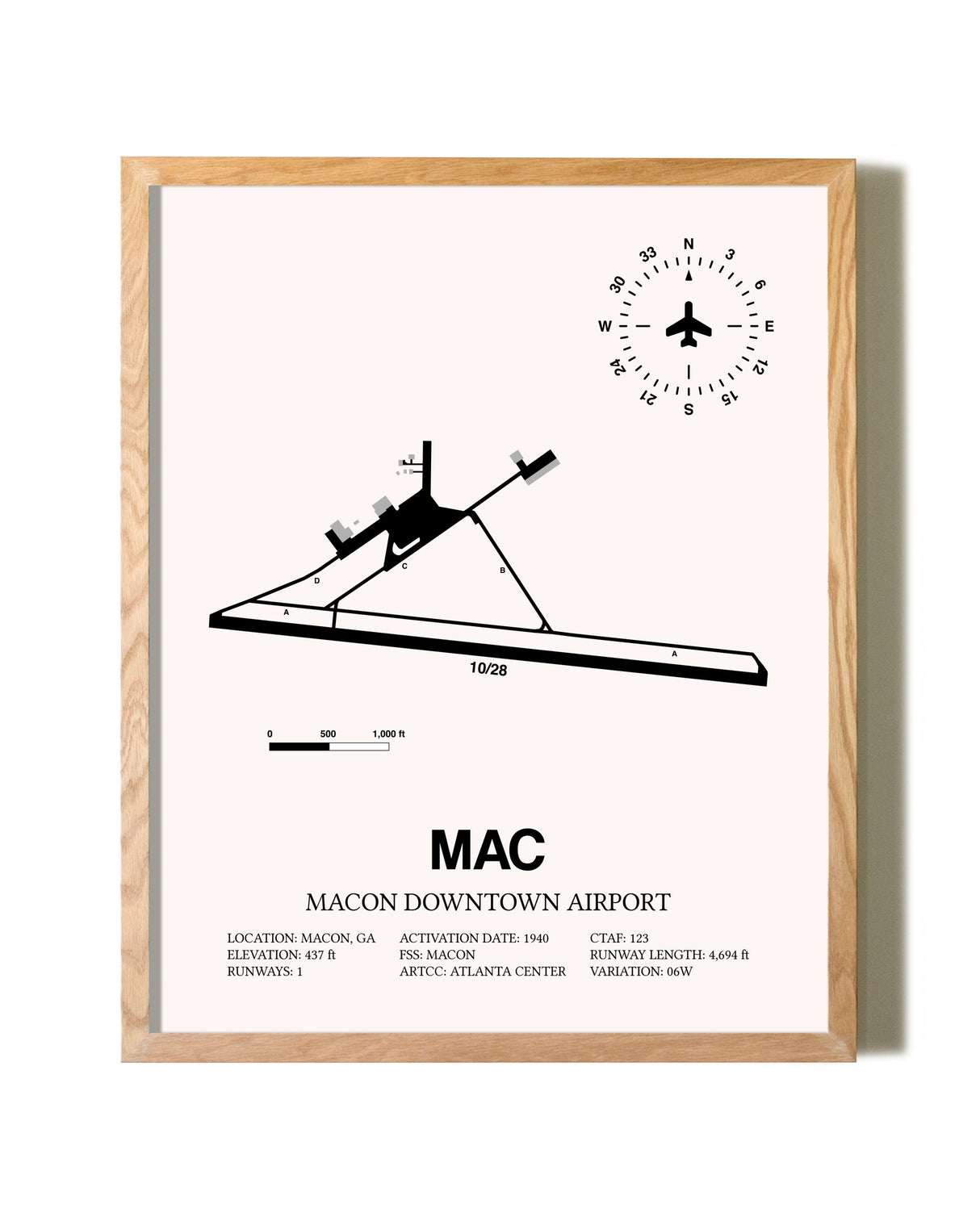 Macon Downtown Airport framed print in natural wood frame