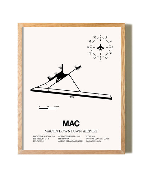 Macon Downtown Airport framed print in natural wood frame