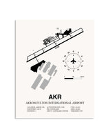 Gray Akron Fulton International Airport framed poster displayed in an airplane hangar