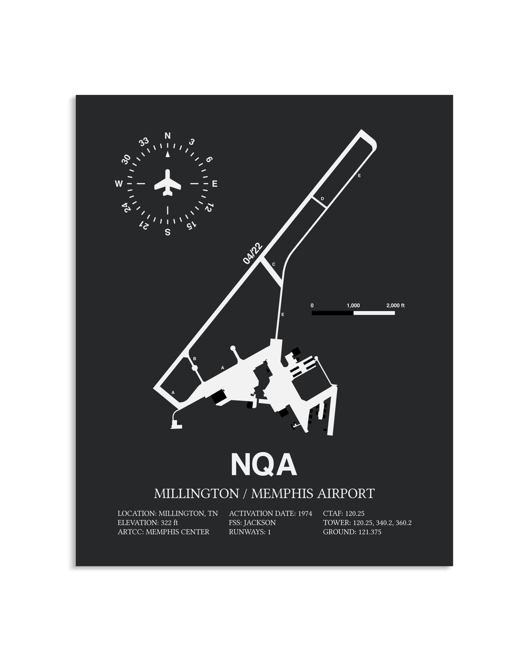 Gray Framed Millington / Memphis Airport layout wall art poster