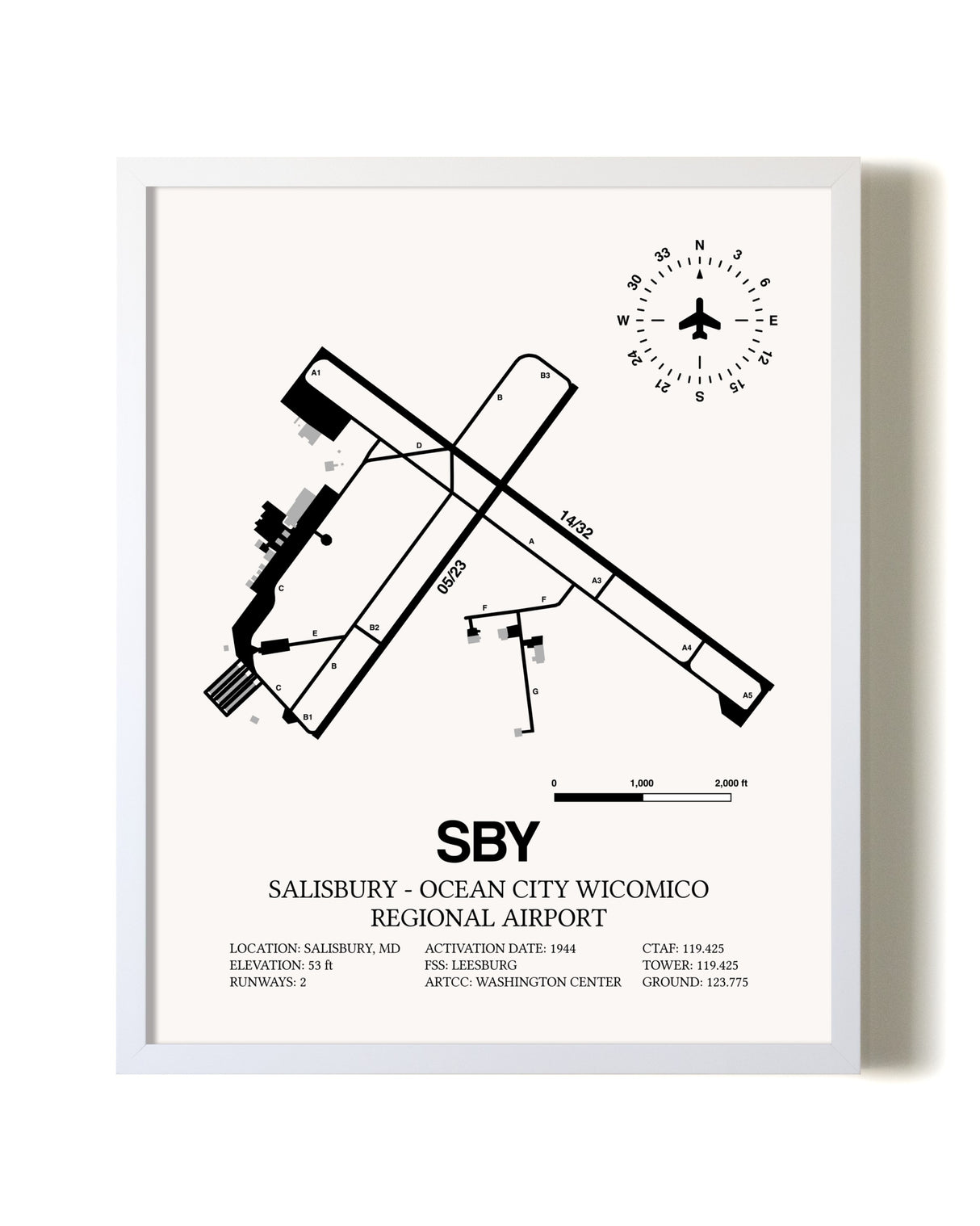 Salisbury-Ocean City Wicomico Regional Airport airport map poster in oak frame