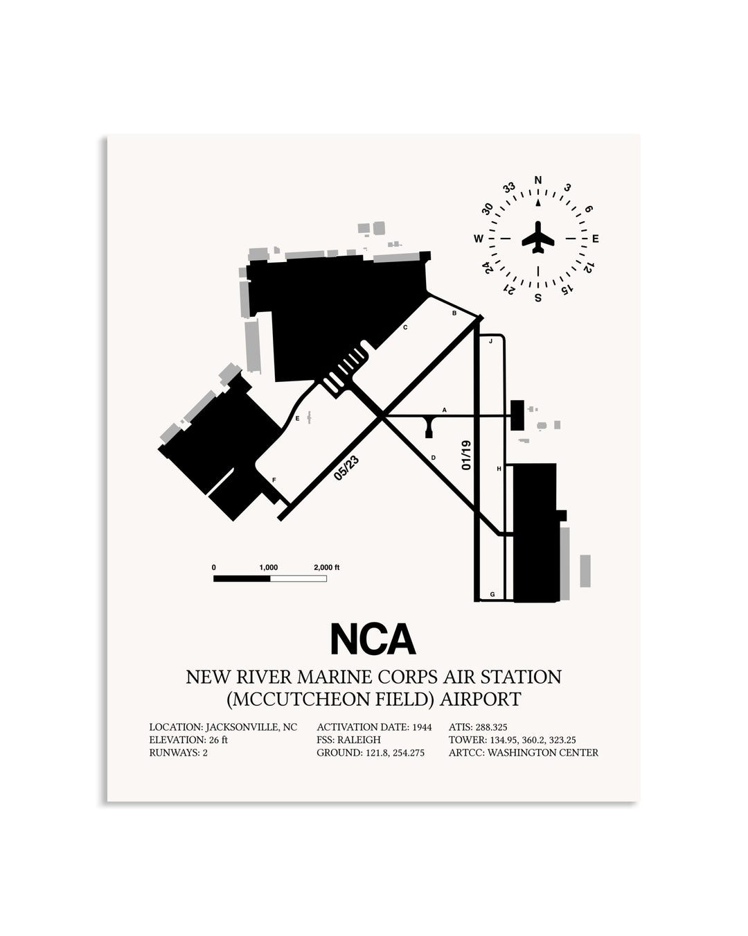 Gray New River Marine Corps Air Station (McCutcheon Field) Airport framed poster displayed in an airplane hangar