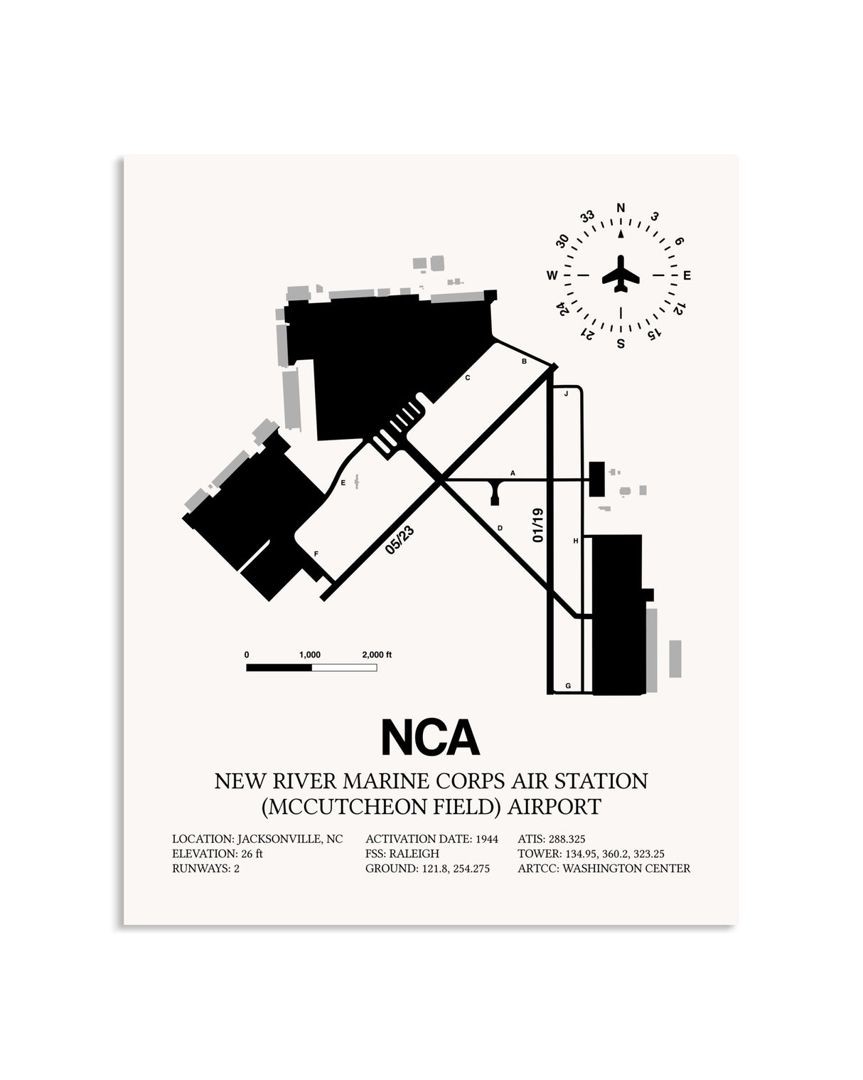 Gray New River Marine Corps Air Station (McCutcheon Field) Airport framed poster displayed in an airplane hangar