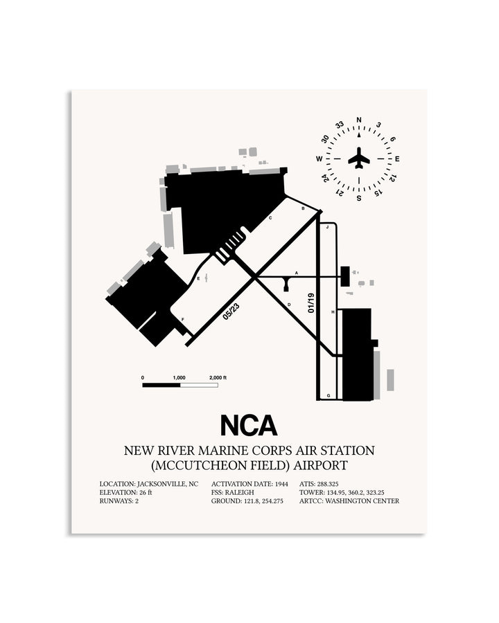 Gray New River Marine Corps Air Station (McCutcheon Field) Airport framed poster displayed in an airplane hangar