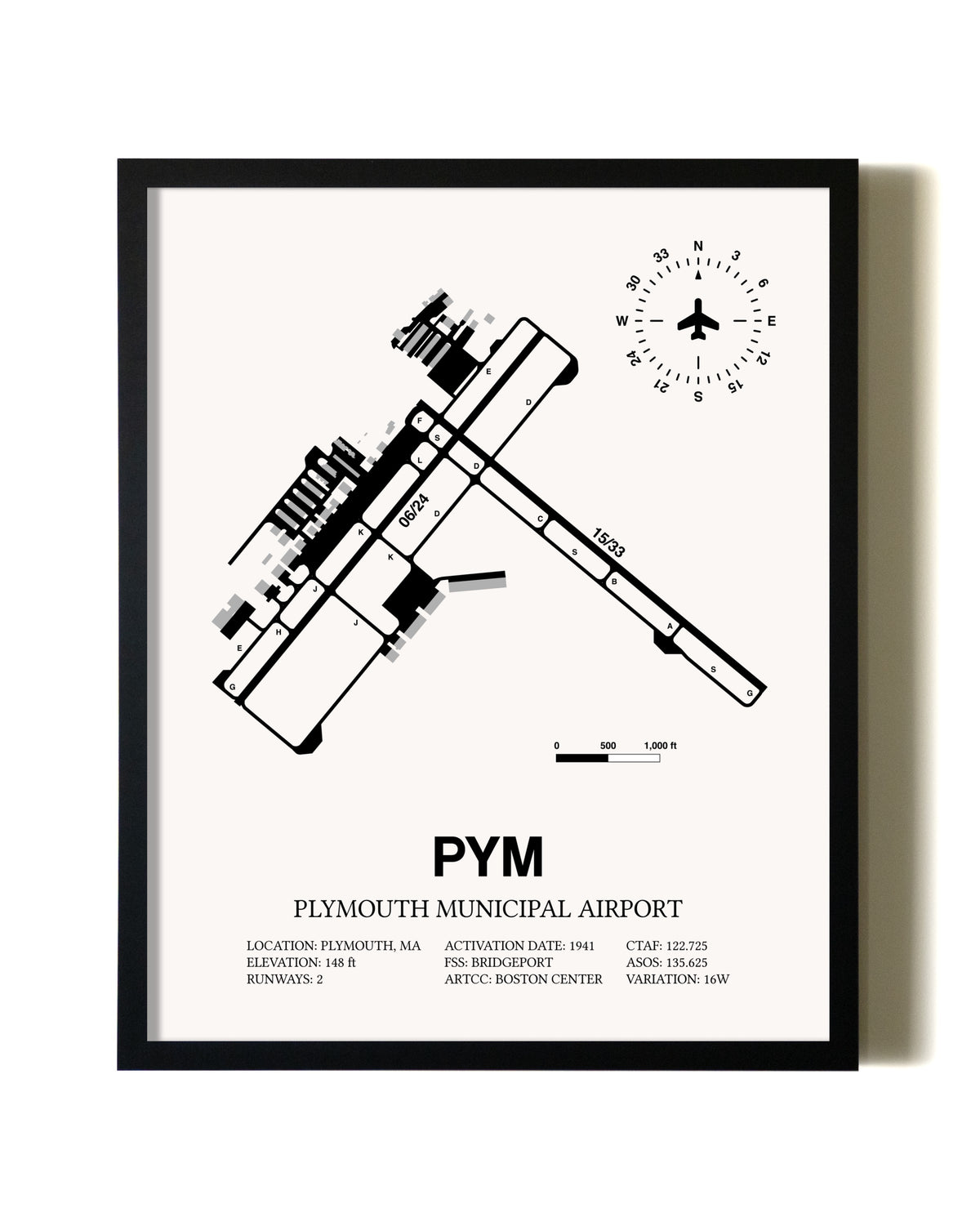 Framed Plymouth Municipal Airport wall art poster in black frame