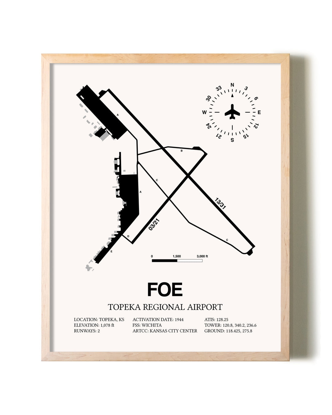 Topeka Regional Airport framed wall art in white frame