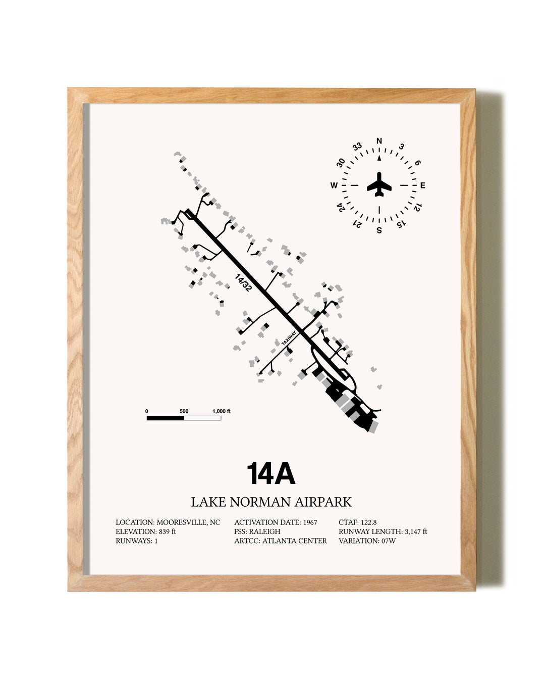Lake Norman Airpark framed print in natural wood frame