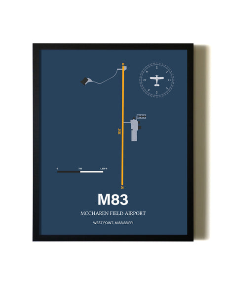 Blue and Yellow Framed McCharen Field Airport wall art poster in black frame