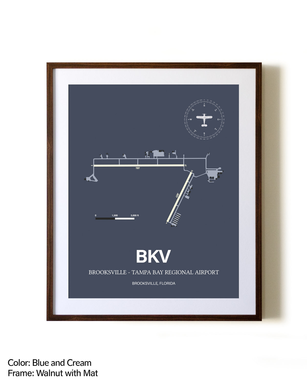 Brooksville-Tampa Bay Regional Airport aviation print in walnut frame with mat