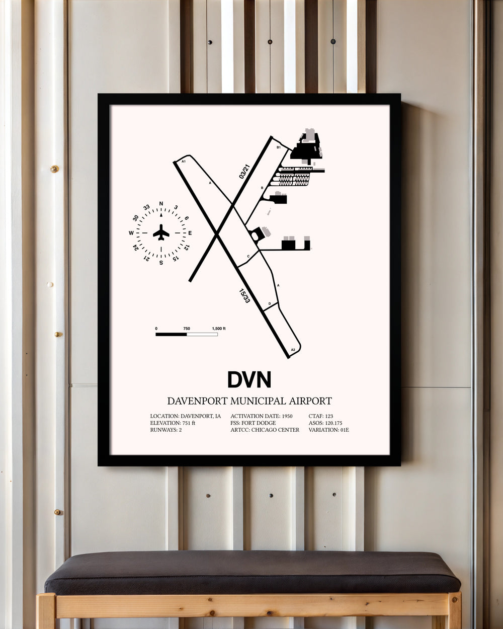 Davenport Municipal Airport framed poster displayed in an airplane hangar