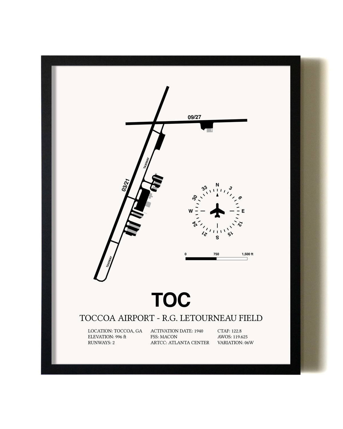 Framed Toccoa Airport - R.G. Letourneau Field wall art poster in black frame