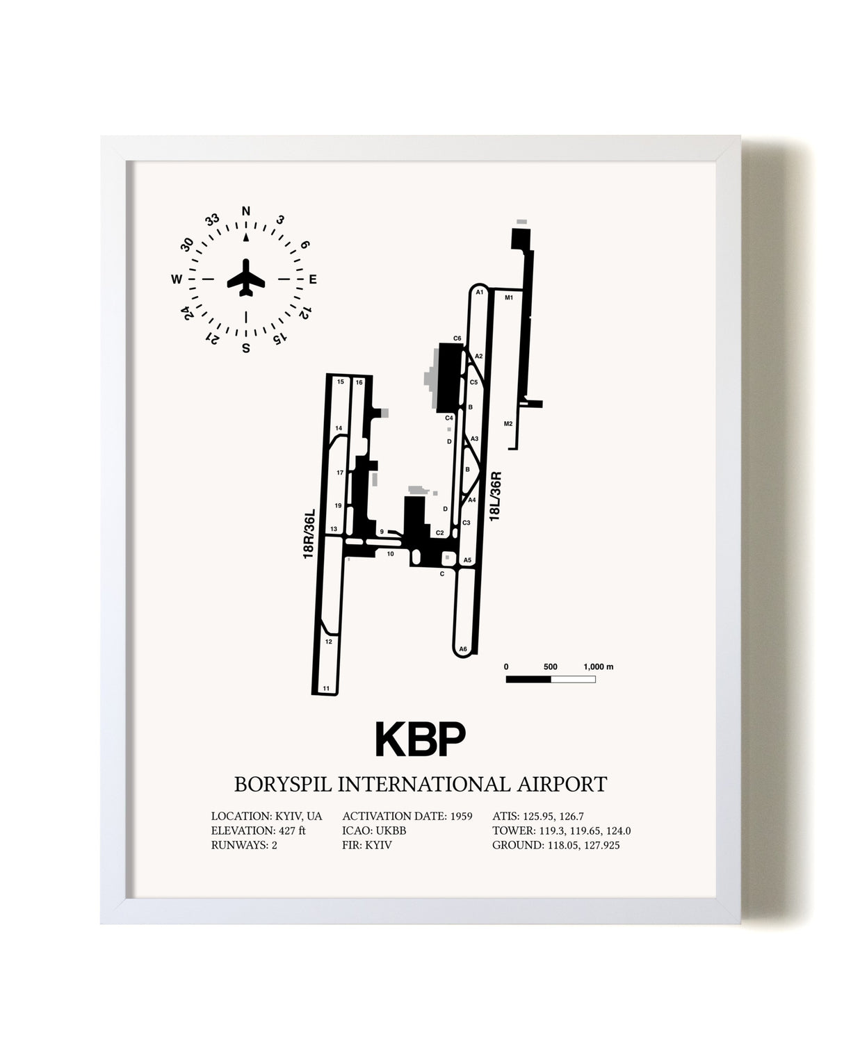 Boryspil International Airport airport map poster in oak frame
