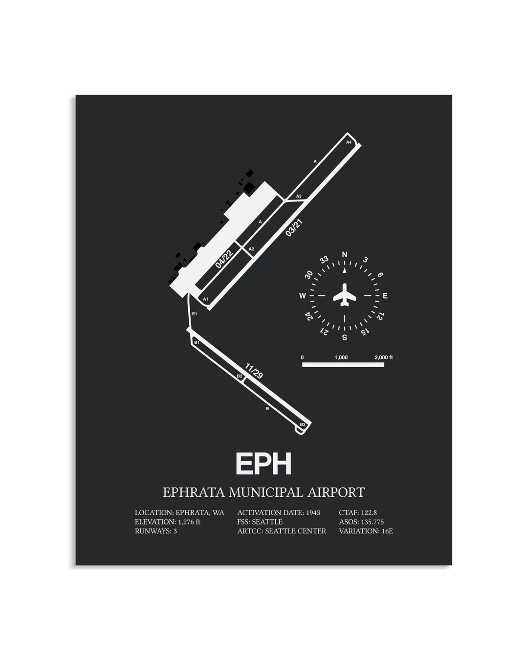 Gray Framed Ephrata Municipal Airport layout wall art poster