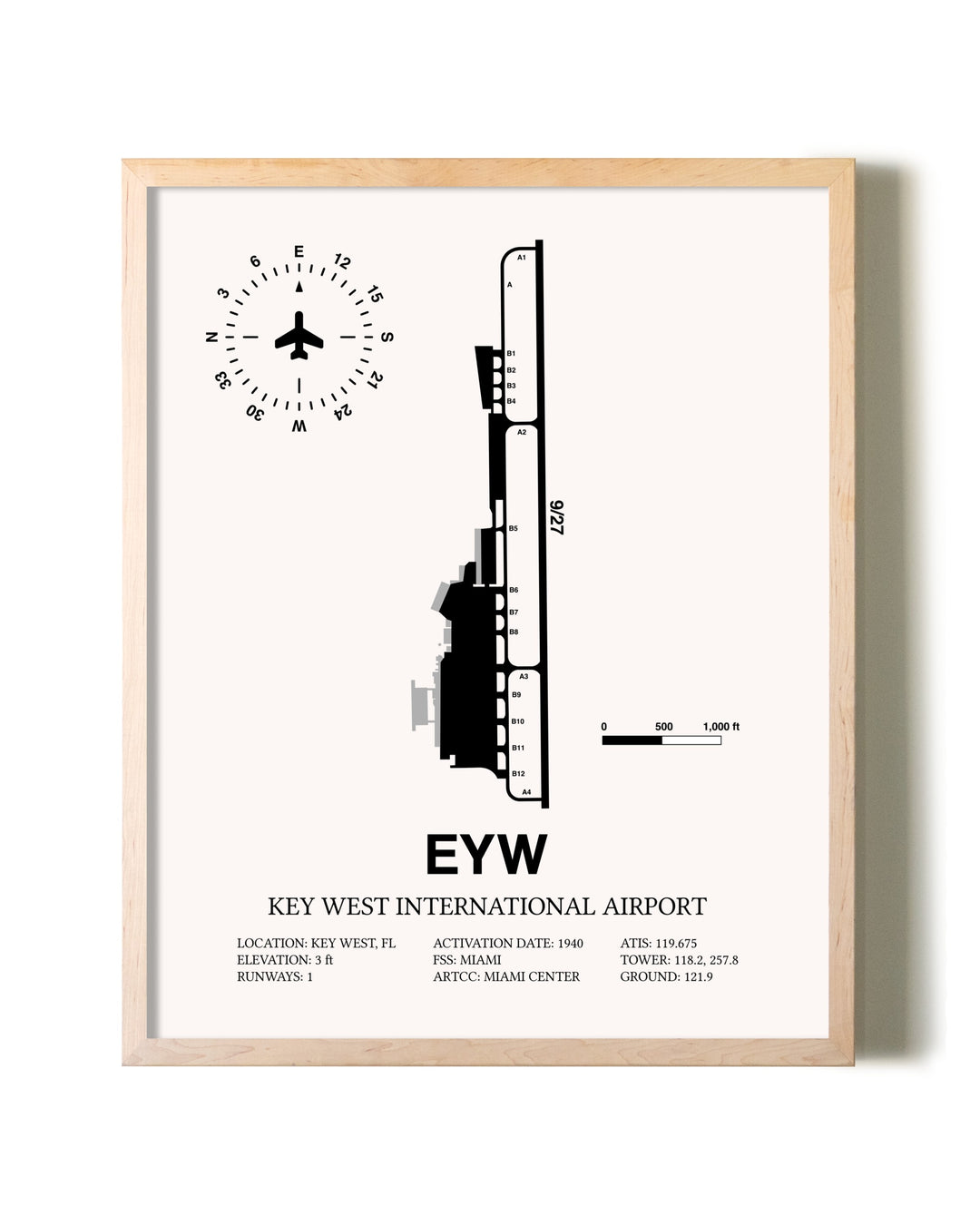 Key West International Airport framed wall art in white frame