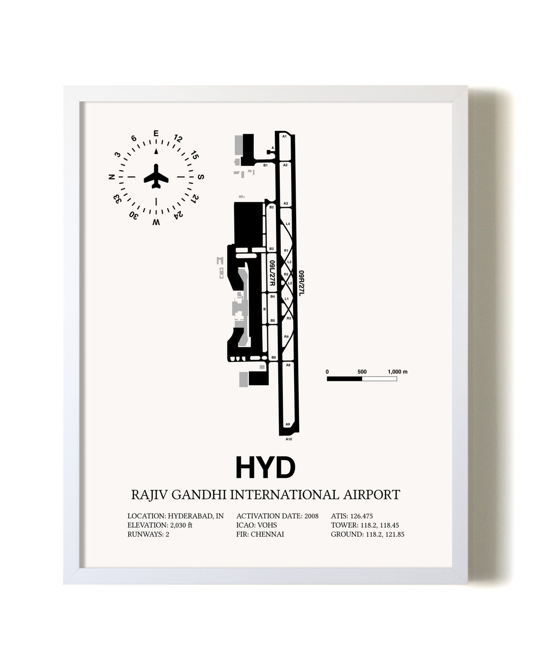 Rajiv Gandhi International Airport airport map poster in oak frame