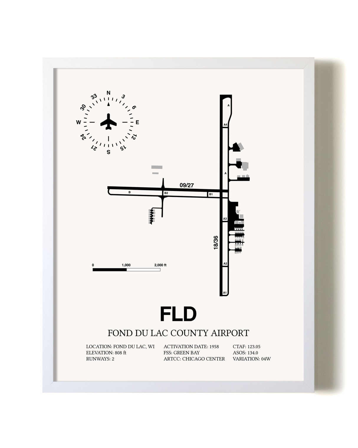 Fond Du Lac County Airport airport map poster in oak frame