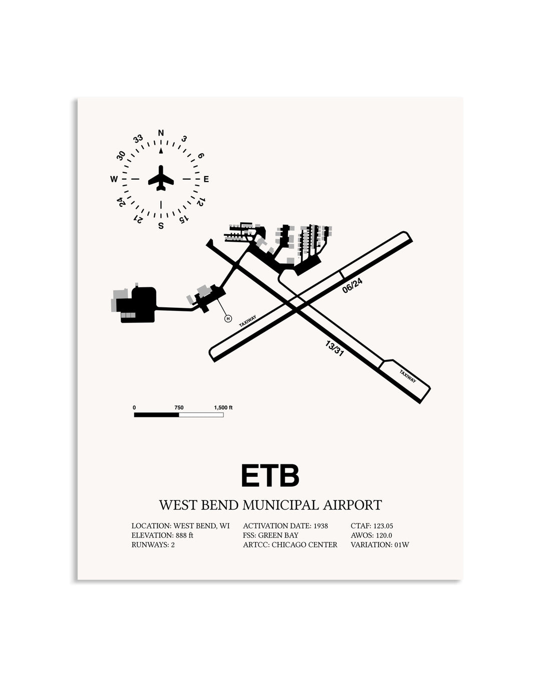 Gray West Bend Municipal Airport framed poster displayed in an airplane hangar