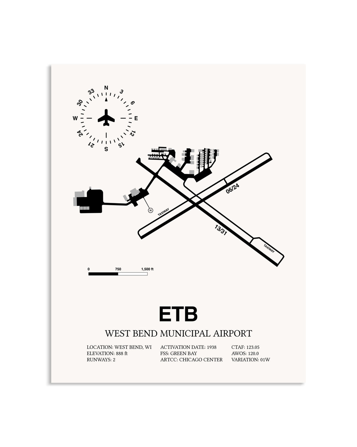 Gray West Bend Municipal Airport framed poster displayed in an airplane hangar