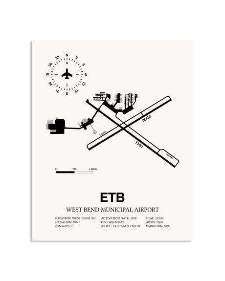 Gray West Bend Municipal Airport framed poster displayed in an airplane hangar