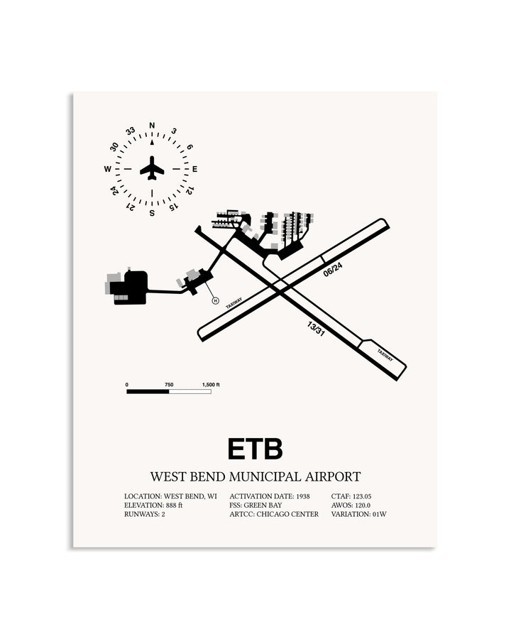 Gray West Bend Municipal Airport framed poster displayed in an airplane hangar