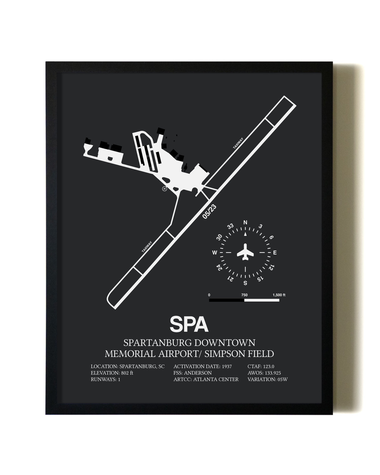 Unframed Spartanburg Downtown Memorial Airport / Simpson Field map print poster