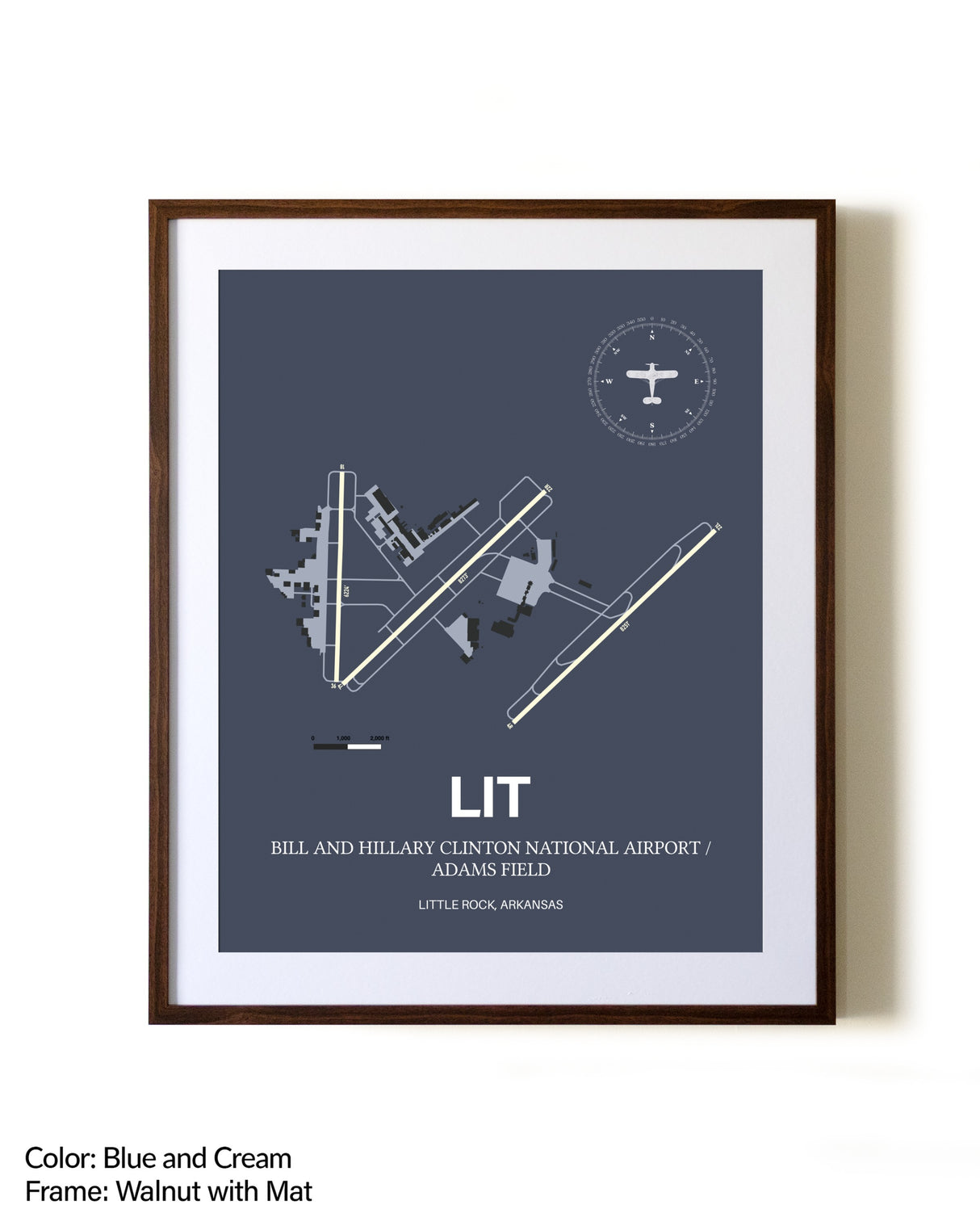 Bill and Hillary Clinton National Airport/Adams Field aviation print in walnut frame with mat