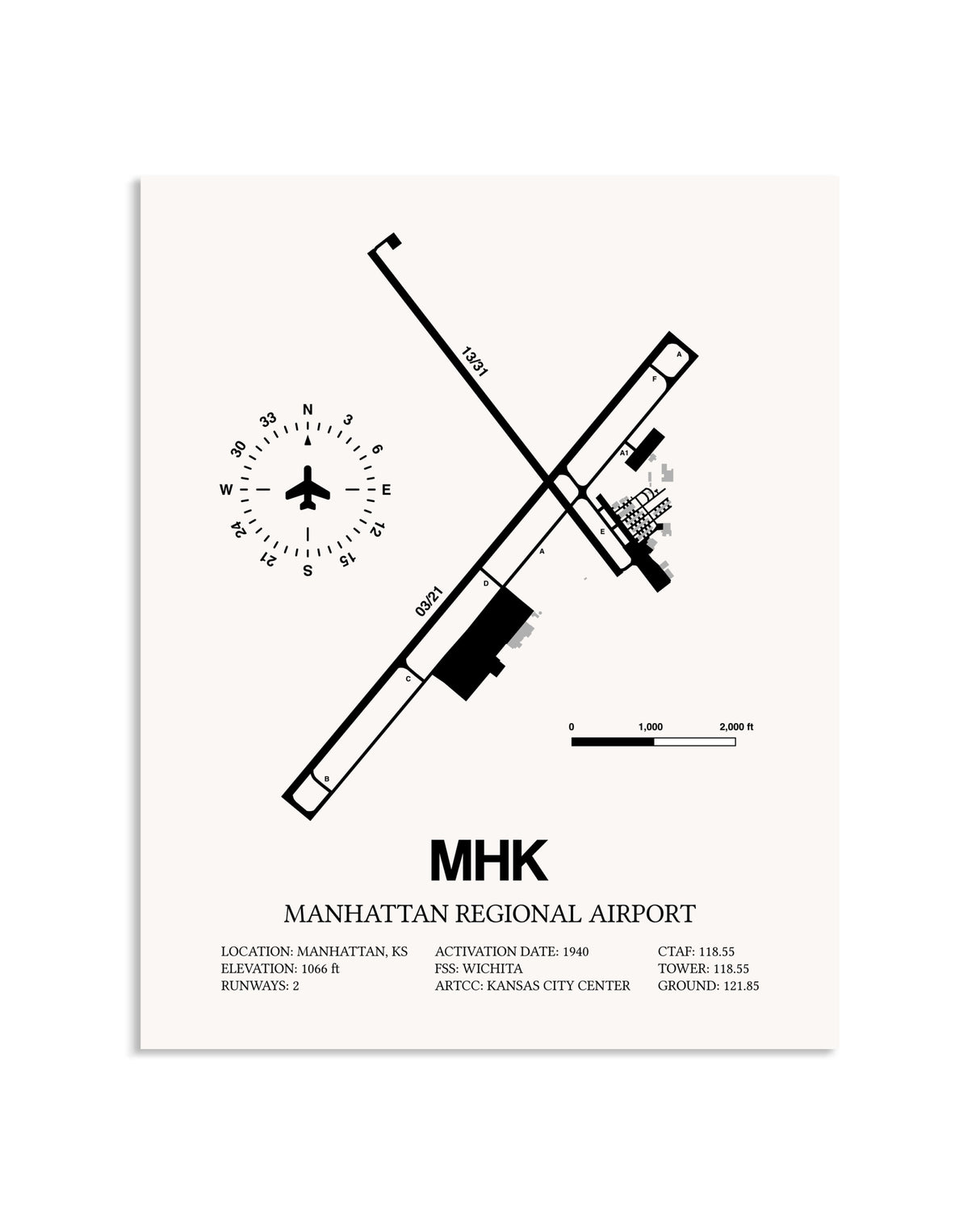 Gray Manhattan Regional Airport framed poster displayed in an airplane hangar