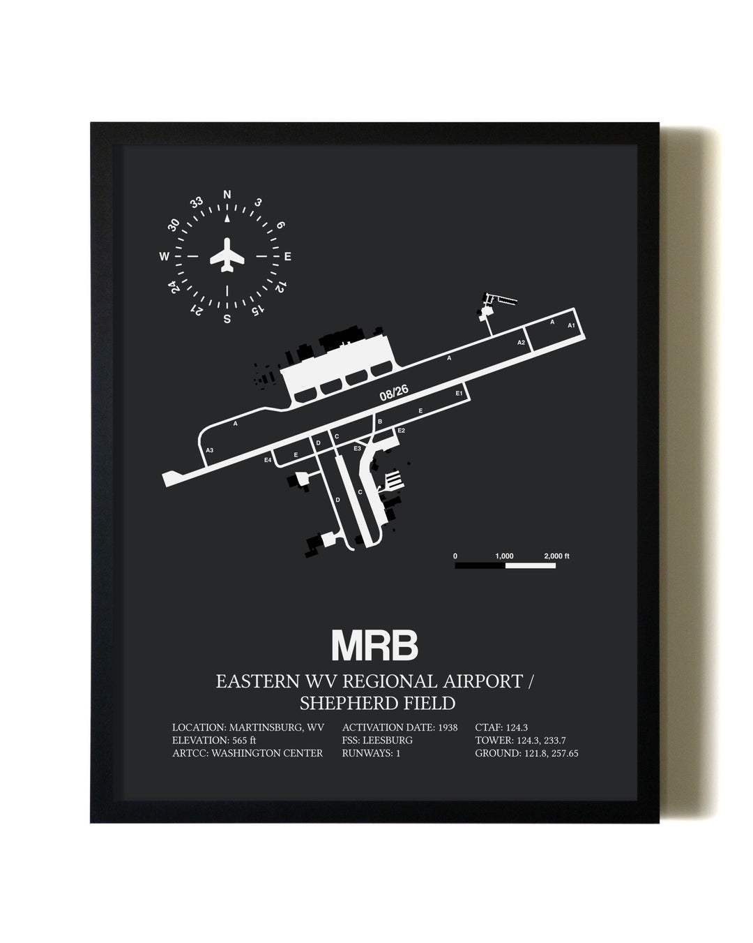 Unframed Eastern WV Regional Airport / Shepherd Field map print poster
