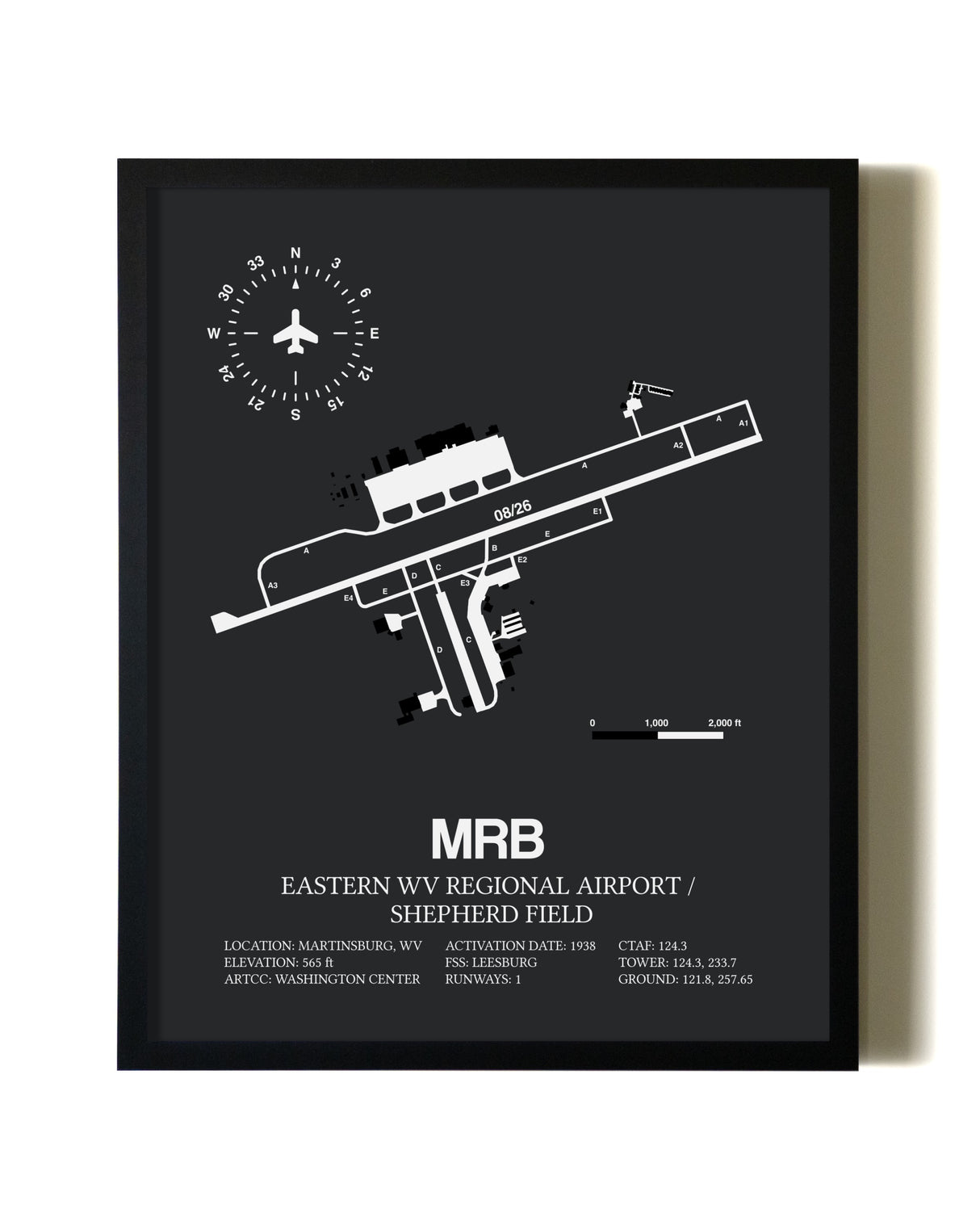 Unframed Eastern WV Regional Airport / Shepherd Field map print poster