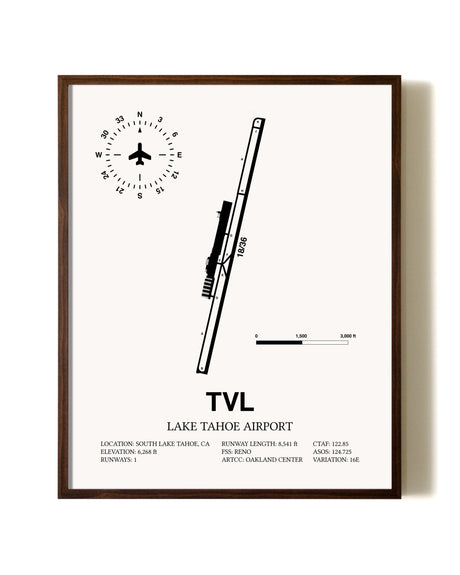 Lake Tahoe Airport aviation print in walnut frame