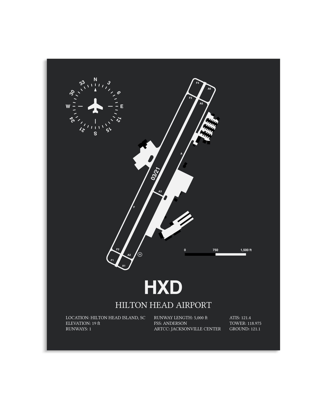 Gray Framed Hilton Head Airport layout wall art poster