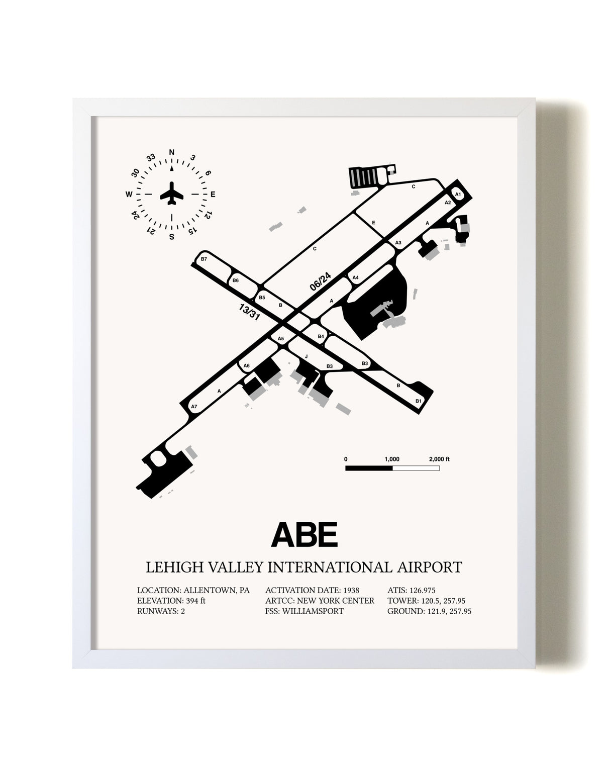 Lehigh Valley International Airport airport map poster in oak frame