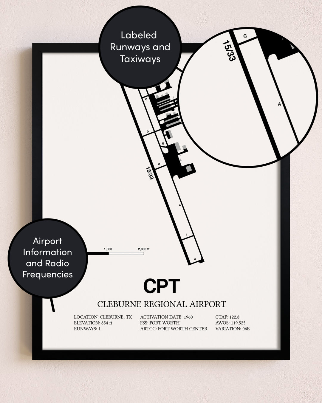 Framed Cleburne Regional Airport layout wall art poster