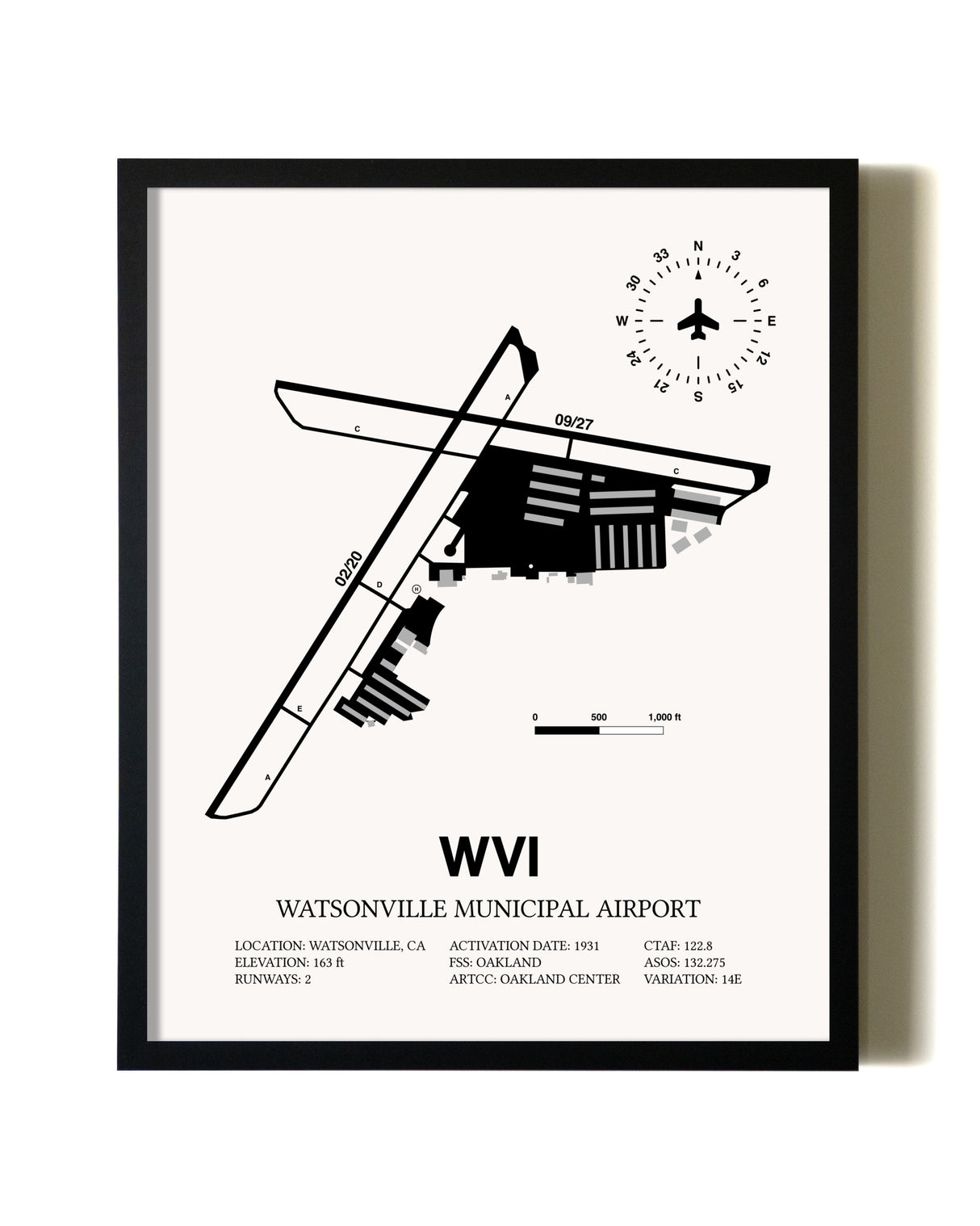 Framed Watsonville Municipal Airport wall art poster in black frame