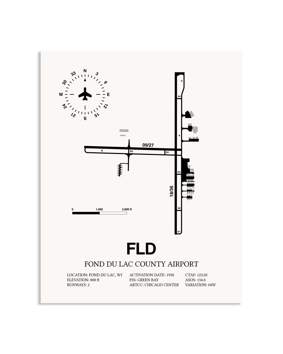 Gray Fond Du Lac County Airport framed poster displayed in an airplane hangar