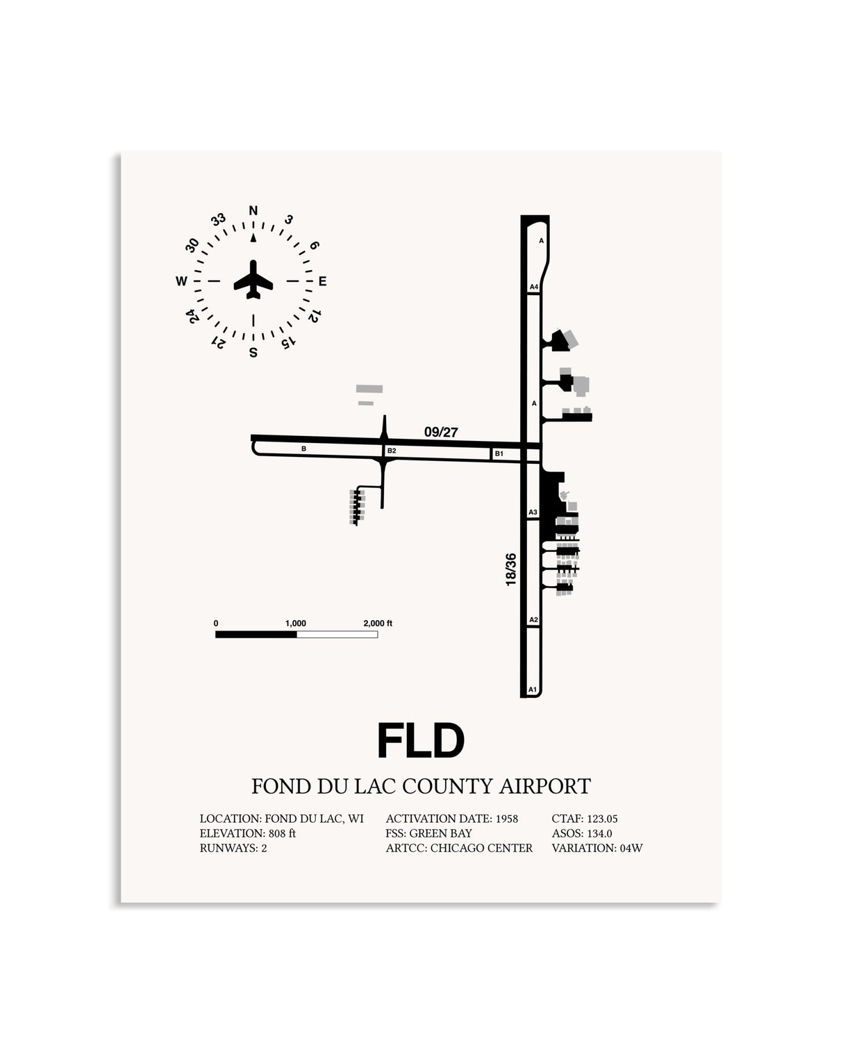 Gray Fond Du Lac County Airport framed poster displayed in an airplane hangar
