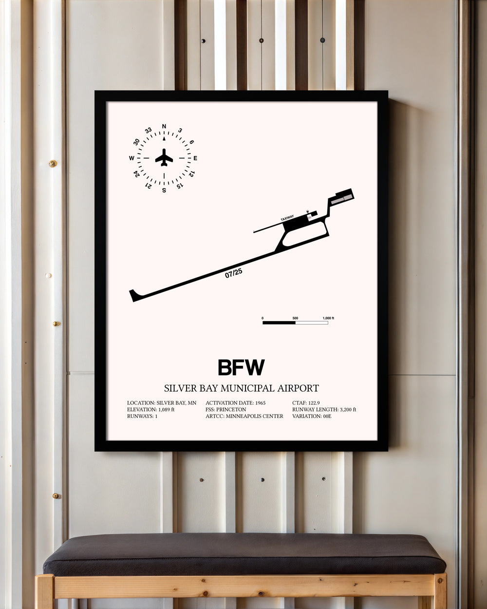 Silver Bay Municipal Airport framed poster displayed in an airplane hangar