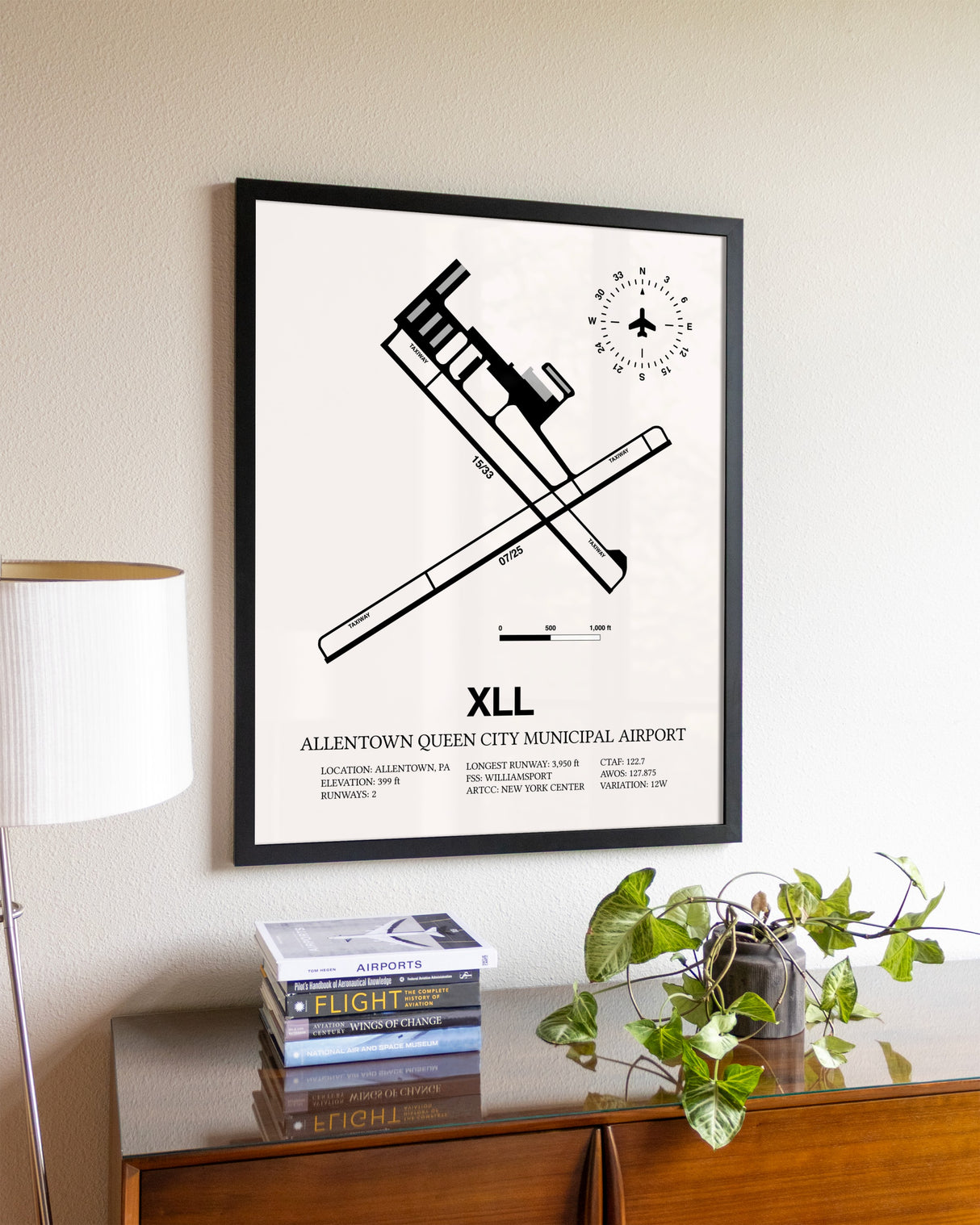Allentown Queen City Municipal Airport aviation wall décor in black wood frame
