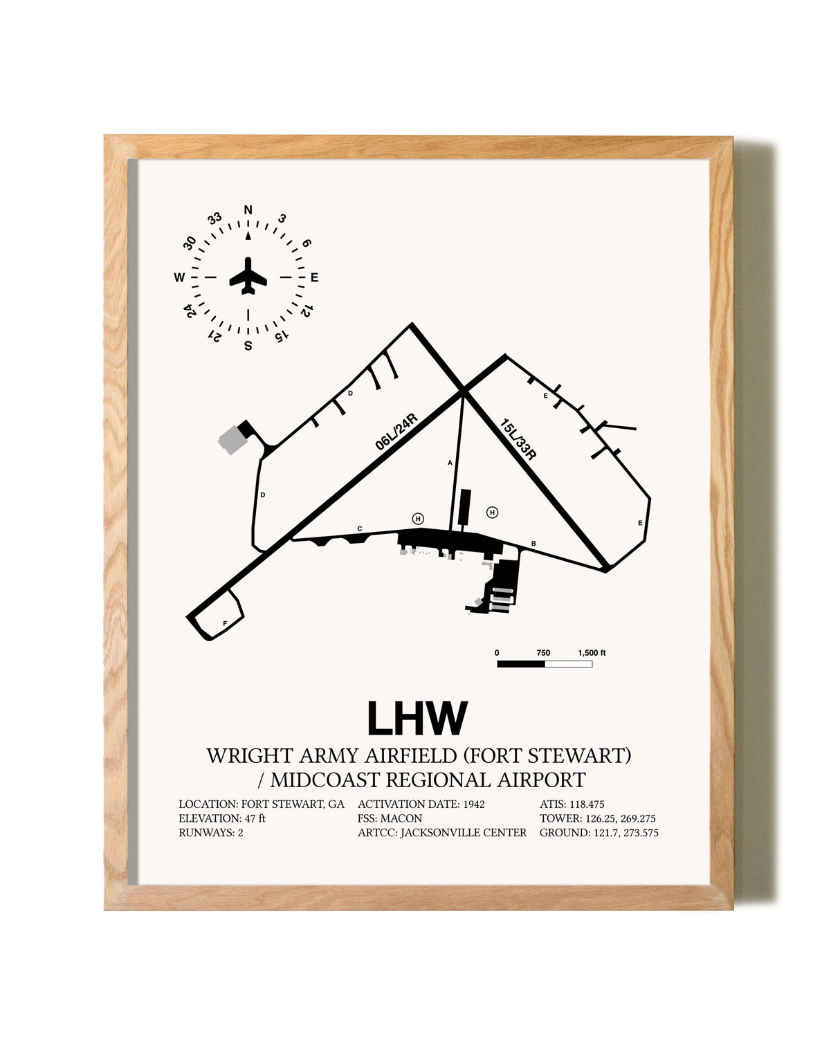 Wright Army Airfield (Fort Stewart) / Midcoast Regional Airport framed print in natural wood frame