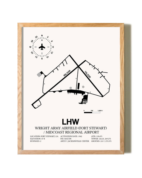 Wright Army Airfield (Fort Stewart) / Midcoast Regional Airport framed print in natural wood frame