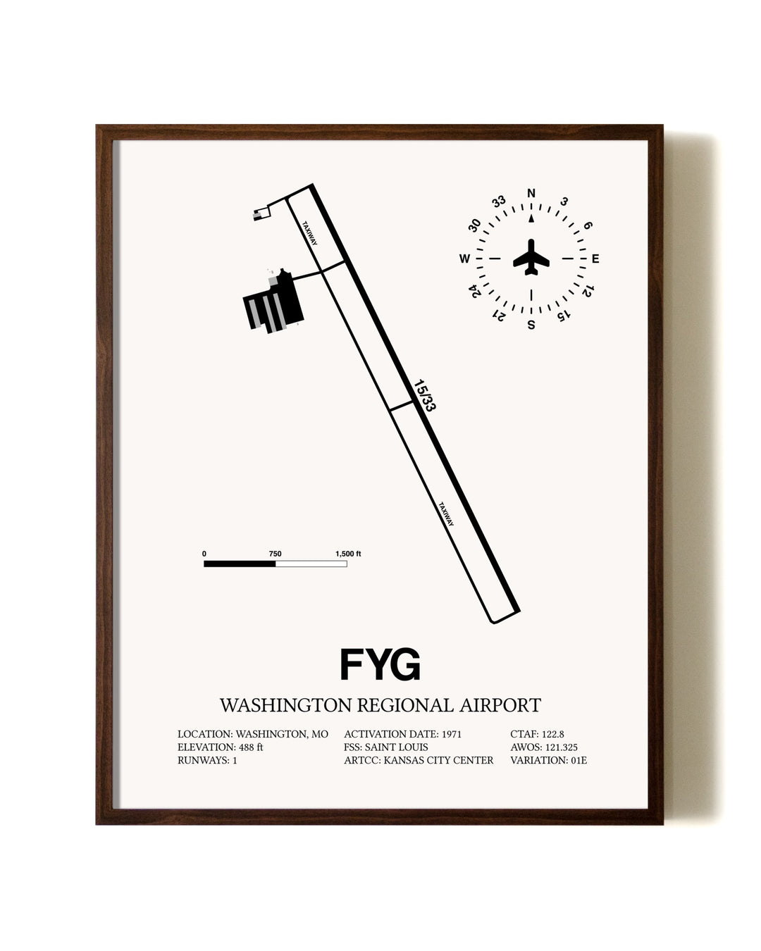 Washington Regional Airport aviation print in walnut frame