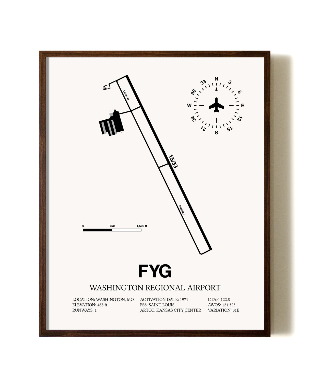 Washington Regional Airport aviation print in walnut frame