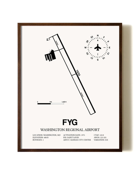 Washington Regional Airport aviation print in walnut frame